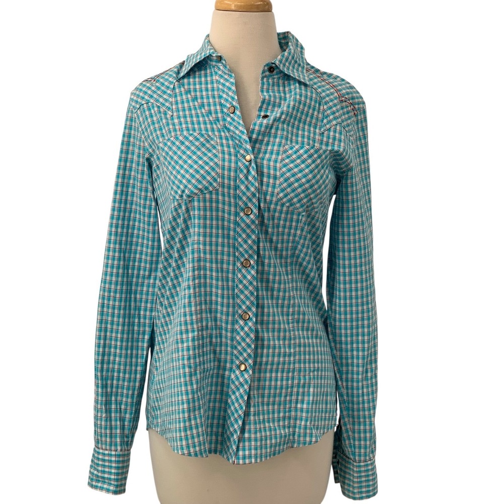 Cruel Women's‎ Long Sleeve Pearl Snap Plaid Western Shirt Turquoise Red White M